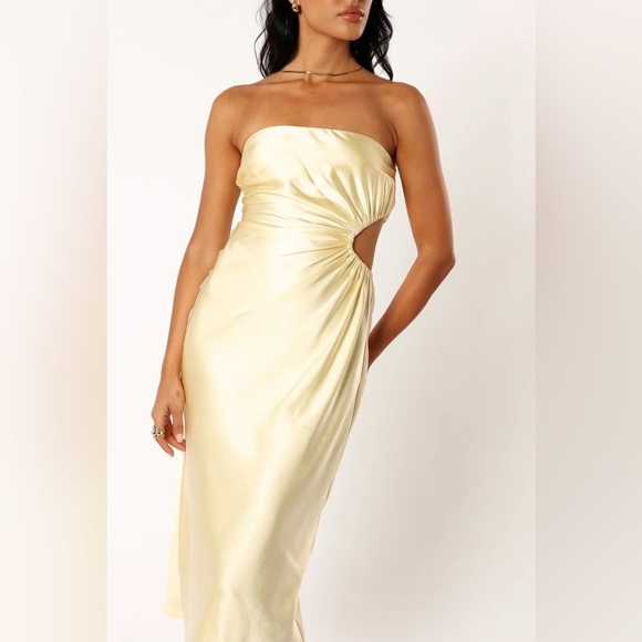 Petal & Pup Dresses & Skirts - Saraya Midi Dress yellow butter strapless spring wedding elegant cut-out sleek